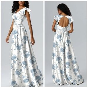 AW Bridal Dusty Blue Peonies Satin Charmeuse Dress | US 14 | NWOT